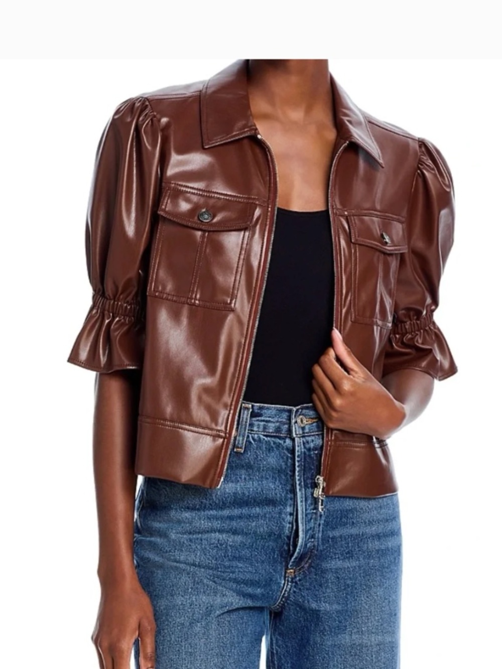 NWT Cinq à Sept Vegan-Leather Brown Holly Puff Sleeve Jacket, size L